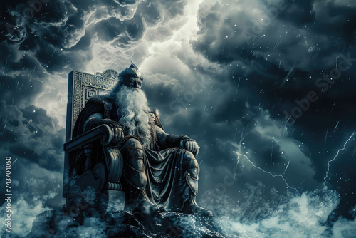 Mythological god sitting on the throne in the dark stormy sky.