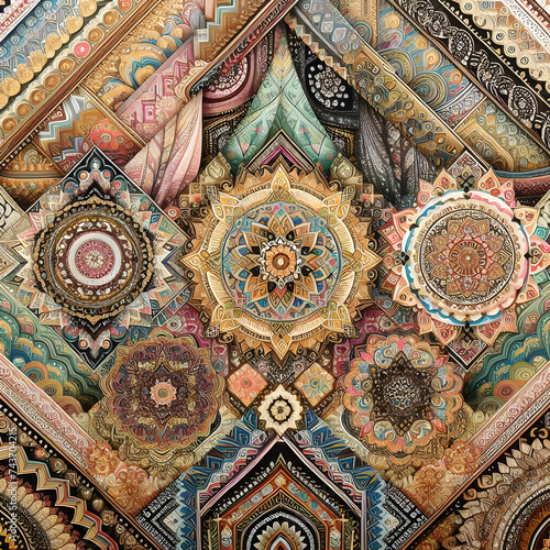 detail of the ceiling of a mosque country. pattern  art  decoration  design  architecture  ornament  carpet  oriental  old  asia  rug  tile  style  turkish  wall  texture  flower  ceiling  Ai generate