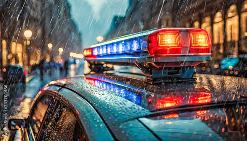 Closeup of red and blue flashing lights on top of police patrol car, on a busy city street during rain. Generative Ai. photo
