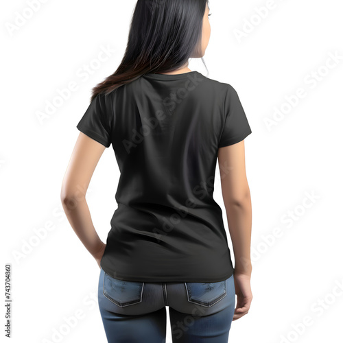 Woman in blank black t shirt back side isolated on white background