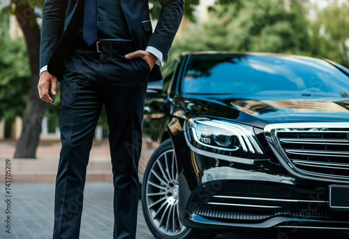Professional driver,  сhauffeur near luxury car closeup photo