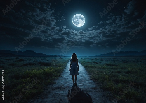 The silhouette of a girl walking in the moonlight symbolizes loneliness and emptiness
