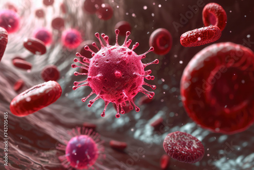 3d render illustration of human blood cells and flu virus