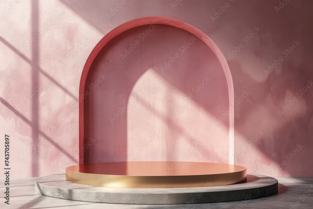 3D black podium or stage for packaging presentation and cosmetic. mock-up product scene with abstract curve rose gold