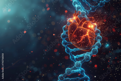 Blue DNA molecule helix with red human heart. Hereditary heart diseases, diagnosis of genetic diseases concept