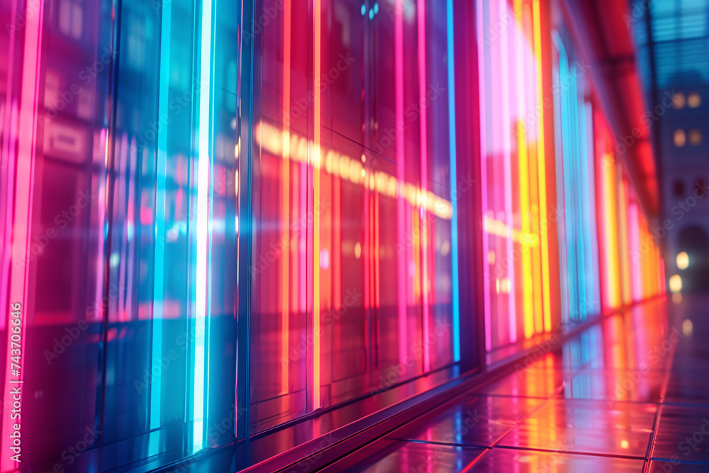 Neon lights reflecting on wet pavement at night Neon lights reflecting on wet pavement at night