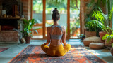 jeune femme assise en tailleur, vue de dos, dans un intérieur qui inspire à la méditation