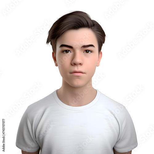 Young man in white t shirt on white background. 3D rendering