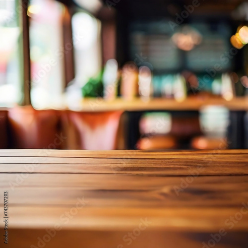 GENERATIVE AI Empty wooden table space platform and blurry defocused restaurant interior, Vintage tone