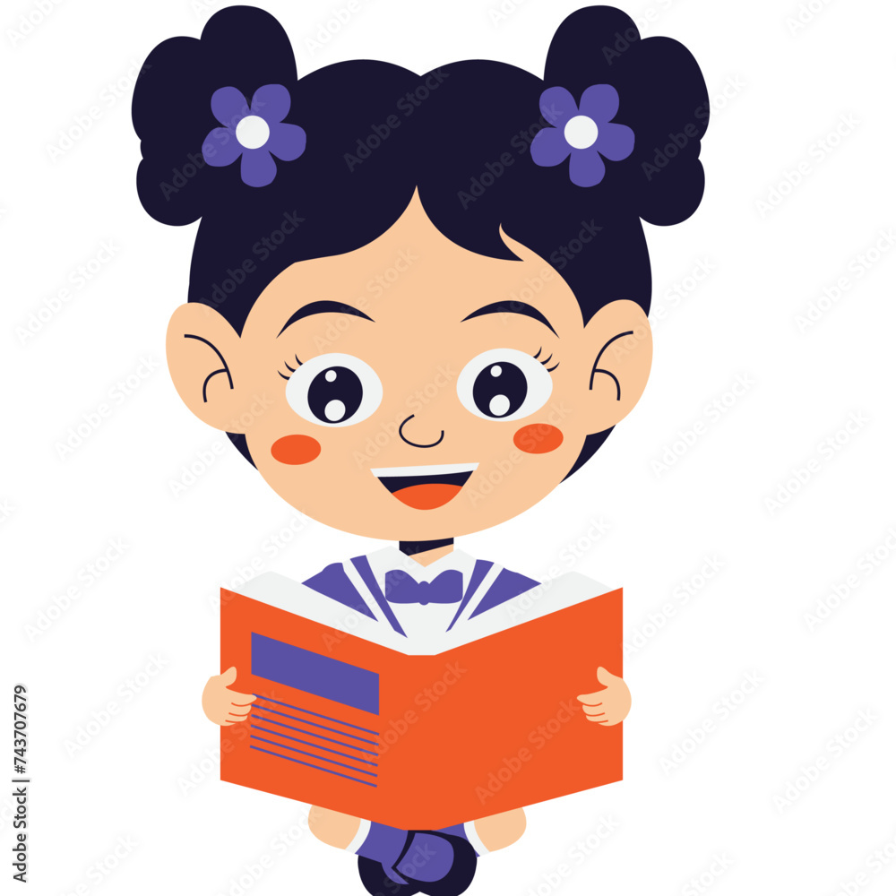 Kindergarten student girl in uniform reading book Kindergarten student girl in uniform reading book