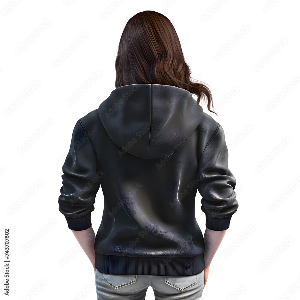back view of woman in leather jacket on white background. clipping path