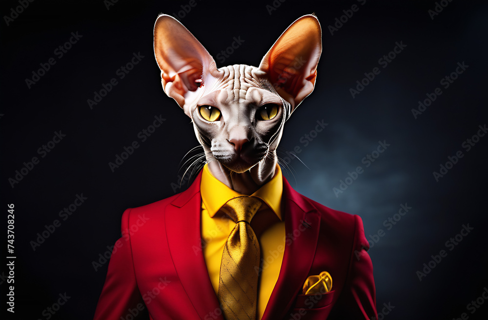 Fashion cat, dressed in Jacket. Portrait of an anthropomorphic animal 