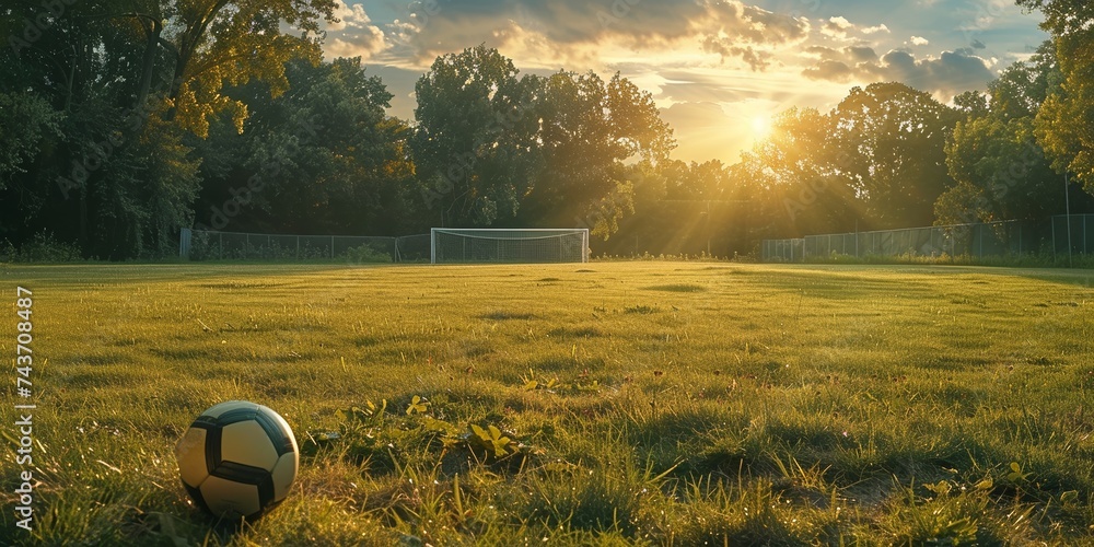 Sunlit soccer field with a single ball at the center, evoking a peaceful game day - obrazy, fototapety, plakaty 