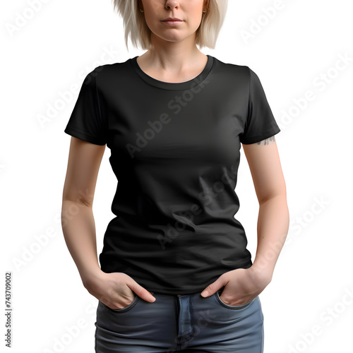 Blonde woman in blank black t shirt isolated on white background