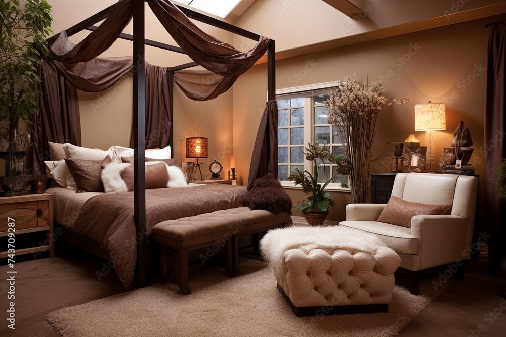 'Canopy Bed Bedroom Inspirations: Brown Leather Seat Contrast Elegance'