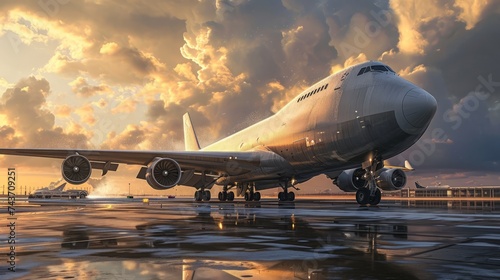 Majestic Airplane Ready for Sunset Departure on Glossy Runway