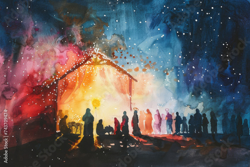 illustration of Christmas Nativity Scene, digital painting