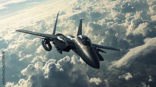 Fighter Jet Soaring Above Clouds, Aerial View of Aircraft in Flight Against Sky