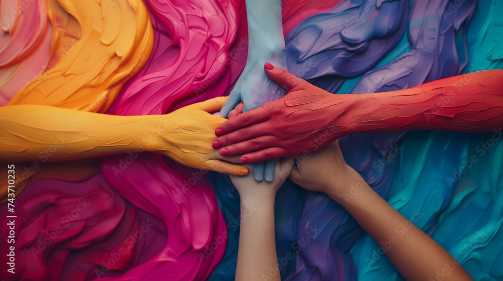 Representation of women's hands holding each other in unity for Women's Day banners. A realistic image of five hands together with colorful powder pigments on a blurred background. - obrazy, fototapety, plakaty 