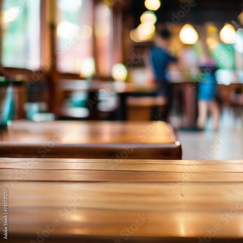 GENERATIVE AI Empty wooden table space platform and blurry defocused restaurant interior  Vintage tone
