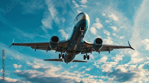 Commercial Airplane Ascending Against Picturesque Sky with Fluffy Clouds