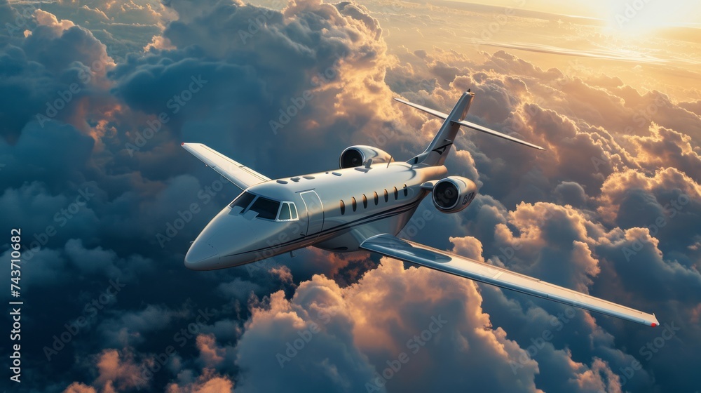 Luxurious Private Jet Soaring Above Majestic Golden Clouds at Sunset