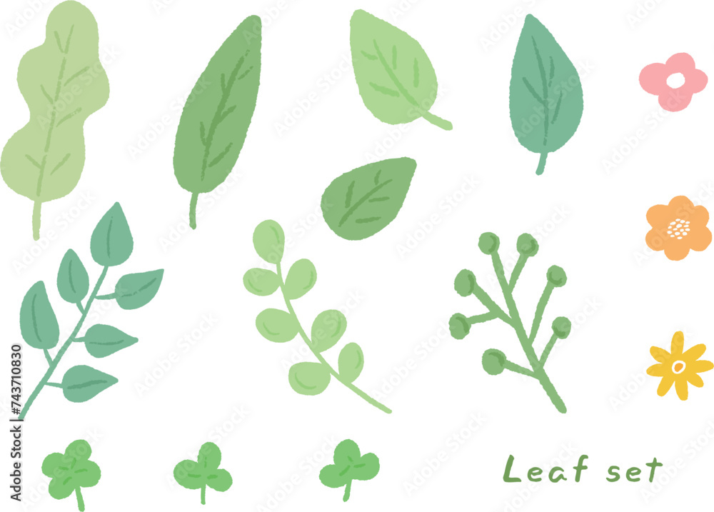 Green refreshing leaves and small flowers, cute hand-drawn illustration set / グリーンの爽やかな葉っぱと小花、かわいい手描きイラストセット
