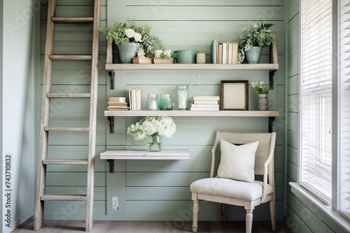 Mint Chair Magic: Cozy Farmhouse Chic Home Office Ideas with Rustic Shelving Vibes