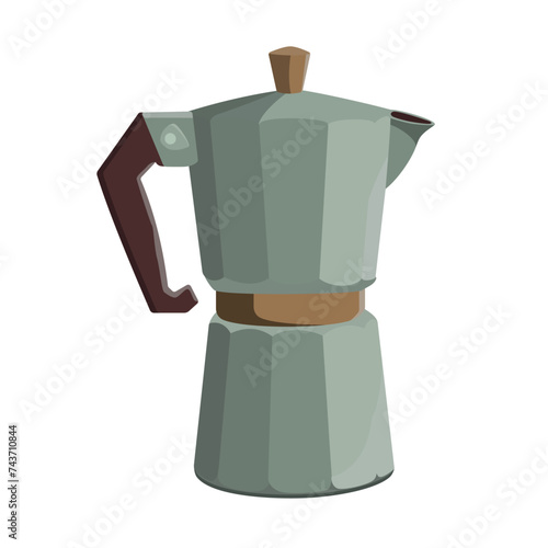 Pastel green Moka pot coffee maker. Cartoon vector illustration on white background. Hand drawn Italian coffee maker