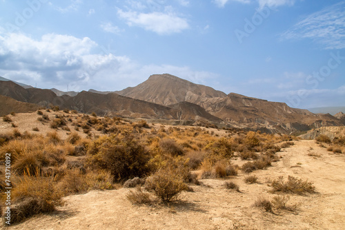 Cerros del paraje del Calvario en las cercanías de Tabernas, Almería, España. Paisaje árido constituido por colinas y barrancos con escasa vegetación.