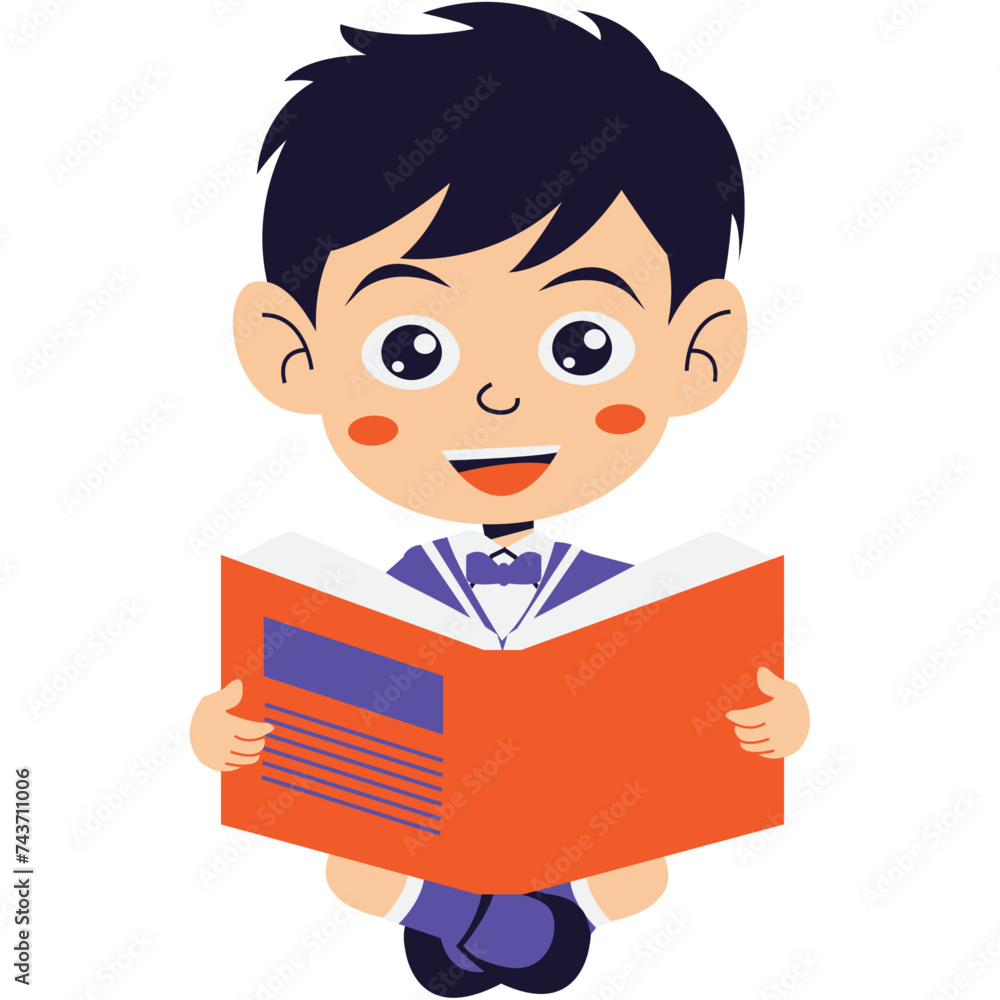 Kindergarten student boy in uniform reading book Kindergarten student boy in uniform reading book