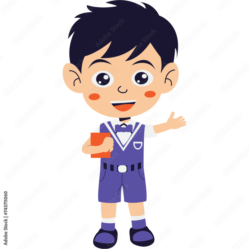 Kindergarten student boy in uniform waving Kindergarten student boy in uniform waving