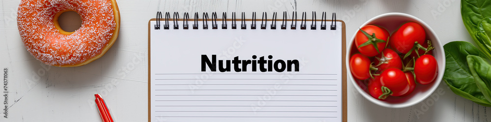 notepad with the word nutrition written in it and tomatoes and donuts next to it on a wooden rustic table , dietary concept notepad with the word nutrition written in it and tomatoes and donuts next to it on a wooden rustic table , dietary concept