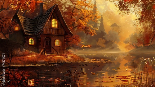 Quaint rustic witchs cabin by the lake autumn forest background orange. Generative Ai