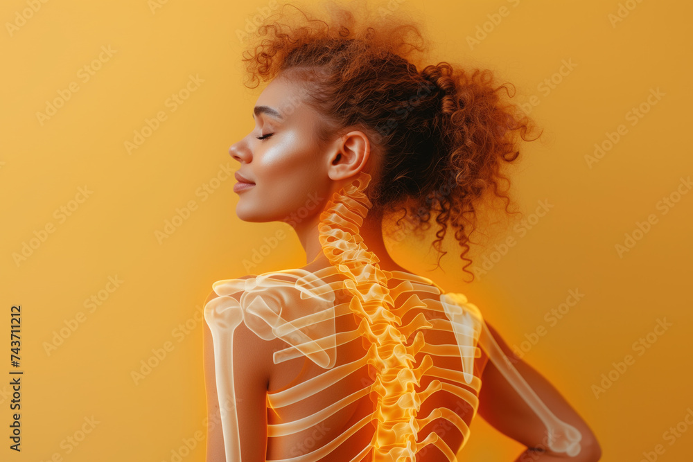 Hernia of the cervical spine, neck pain, woman suffering from backache, spondylosis of the intervertebral disc, health problems concept, yellow background - obrazy, fototapety, plakaty 