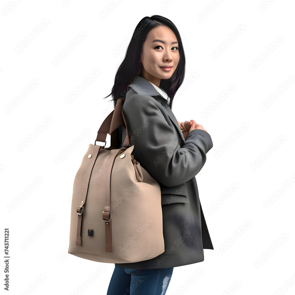Asian business woman with bag on white background. 3d rendering.