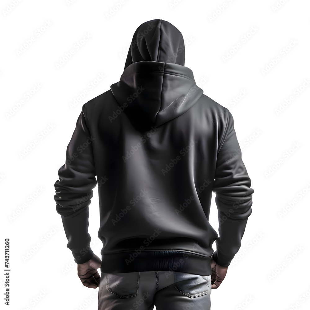 Hooded man in black hoodie and jeans isolated on white background