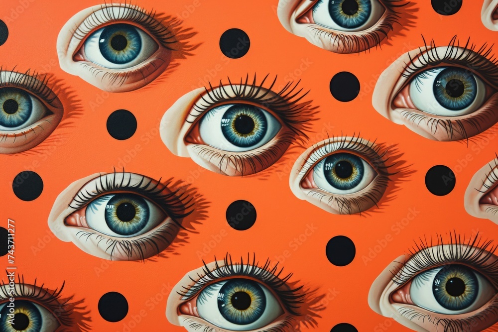 Spooky fun Halloweenthemed background with orange and black polka dots, and creepy eyes with long eyelashes Spooky fun Halloweenthemed background with orange and black polka dots, and creepy eyes with long eyelashes