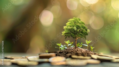 Young tree growing on coins with soil against a blurred natural background, symbolizing growth, investment, and environmental conservation.
