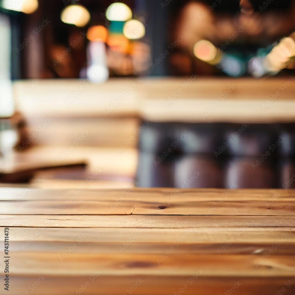 GENERATIVE AI Empty wooden table space platform and blurry defocused restaurant interior, Vintage tone