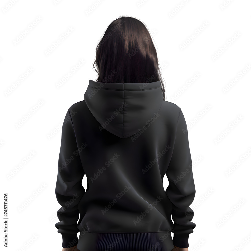 Back view of young woman in black hoodie on white background.