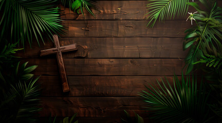 Palm sunday background. Cross and palm on wooden background
