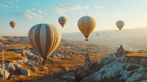 Hot air balloons gracefully descend against the stunning backdrop of the mountainous landscape of Cappadocia, Goreme National Park, Turkey. photo