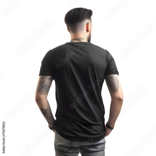 Handsome tattooed man in black t shirt on white background