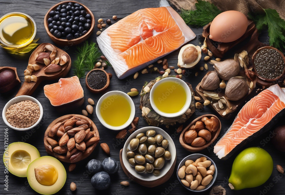 Selection Food sources of omega 3 and healthy fats Top view wit
