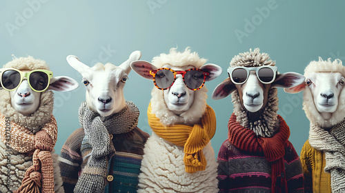 portrait of sheep with sunglasses, Cute animals in group wearing clothes. Generative Ai 