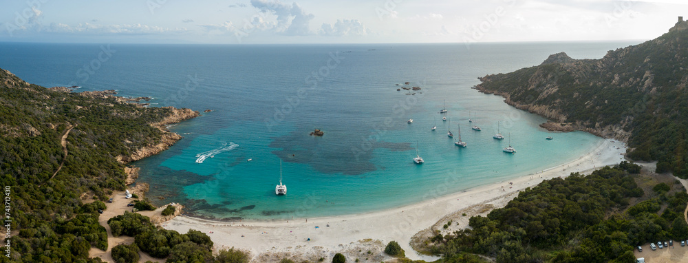 Aerial photo by drone of the roccapina beach in Sartène, the turquoise sea and the sleeping lion rock in Corsica