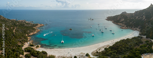 Aerial photo by drone of the roccapina beach in Sartène, the turquoise sea and the sleeping lion rock in Corsica photo
