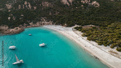 Aerial photo by drone of the roccapina beach in Sartène, the turquoise sea and the sleeping lion rock in Corsica photo