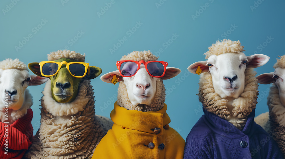 portrait of sheep with sunglasses, Cute animals in group wearing clothes. Generative Ai

